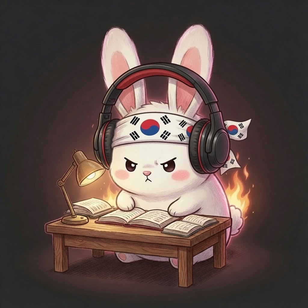 태극기 머리띠에 헤드폰을 쓰고 공부하는 토끼